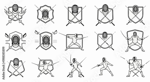 A collection of black and white illustrations of fencing athletes and equipment