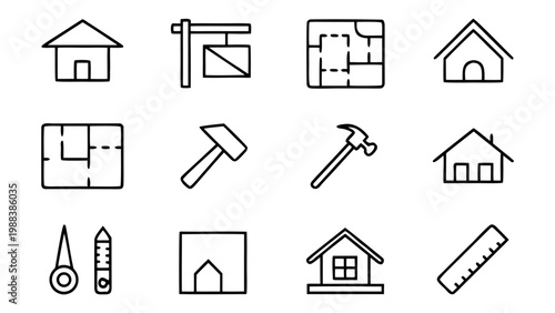 A collection of twelve grey architectural and construction outline icons is displayed on a solid black background.