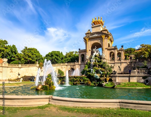 Grand monumental fountain with golden figures and lush greenery