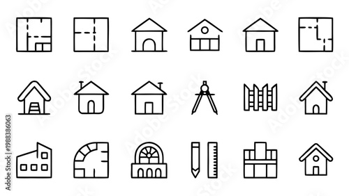 A grid of eighteen grey outline icons depicting architectural floor plans and house designs is set against a black background.