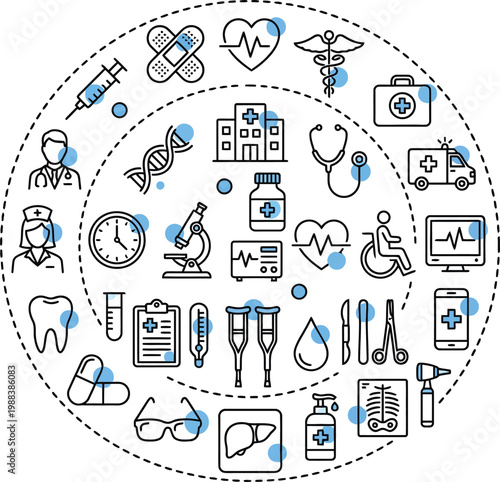 Medical and Healthcare Infographic Icon Set in Circle Concept with Doctor Nurse Ambulance Dental Care Laboratory Equipment and Hospital Services Line Icons for Digital Health Design.