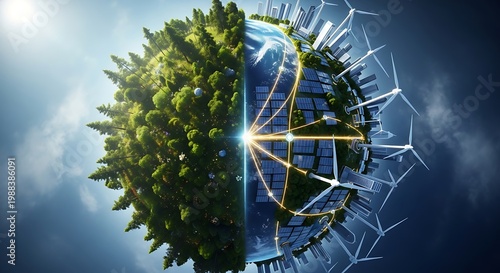 Half green forest and wind turbines earth sustainability energy concept