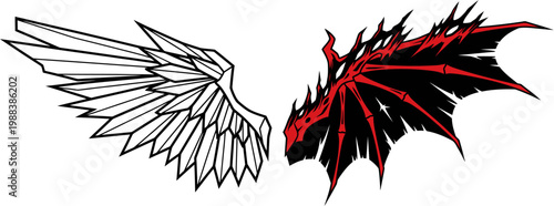 Contrasting angel and demon wings vector illustration. White feathered wing versus red black dragon wing, symbolizing the duality of good, evil, light, and darkness