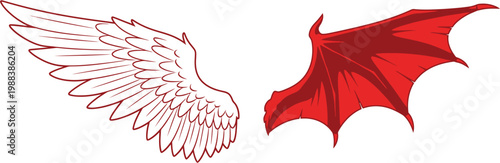 Symbolic representation of good and evil, depicted as a white angel wing and a red demon wing, illustrating contrasting forces