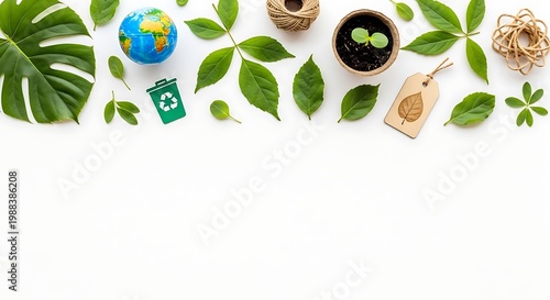 Eco friendly flat lay with leaves tags and earth sustainability concept