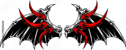 Striking Vector Illustration of Demonic Bat Wings with Skeletal Details and Red Horns, a Powerful Graphic Element for Fantasy and Gothic Designs