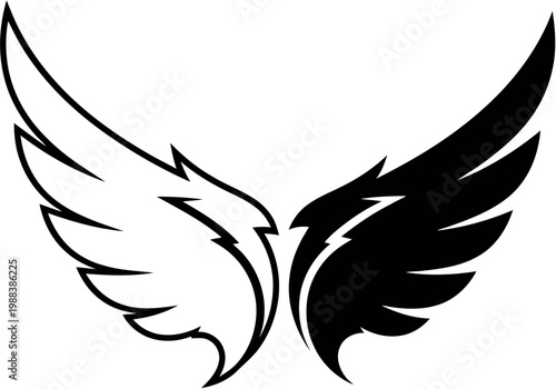 Stylized graphic depiction of opposing black and white wings symbolizing balance, freedom, and the contrast of light and darkness in a powerful emblem design