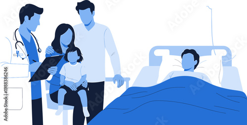 Medical professionals attending to a patient in a hospital bed, accompanied by their family, highlighting healthcare and support