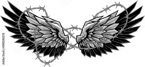 Dramatic grayscale illustration of powerful feathered wings embraced by a heart-shaped barbed wire, symbolizing the intricate balance between freedom, restriction, and resilience