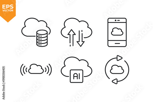Set of line icons related to Cloud Computing. Vector illustration.
