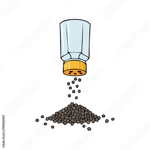 Glass pepper shaker dispensing whole peppercorns onto a pile for seasoning food