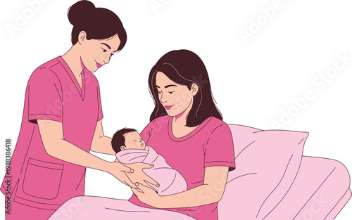 Caring nurse provides gentle support to a new mother holding her swaddled newborn baby in a hospital room, symbolizing maternal care and early postpartum assistance