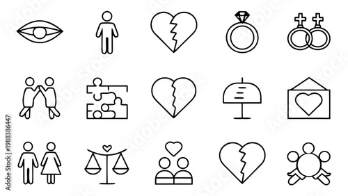 Fifteen white outline legal separation icons on black background.