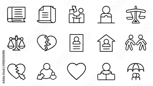 White linear logistical divorce and legal icons on black background.