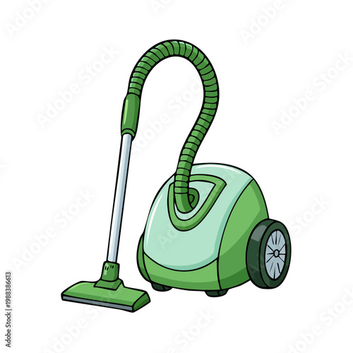 Cartoon illustration of a vibrant green canister vacuum cleaner with a flexible hose and floor nozzle