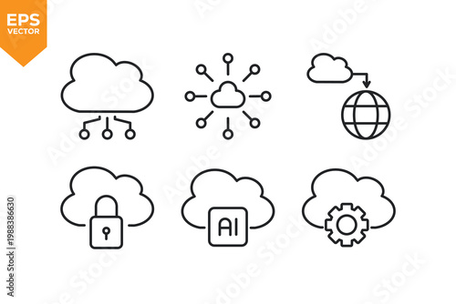 Set of line icons related to Cloud Computing. Vector illustration.