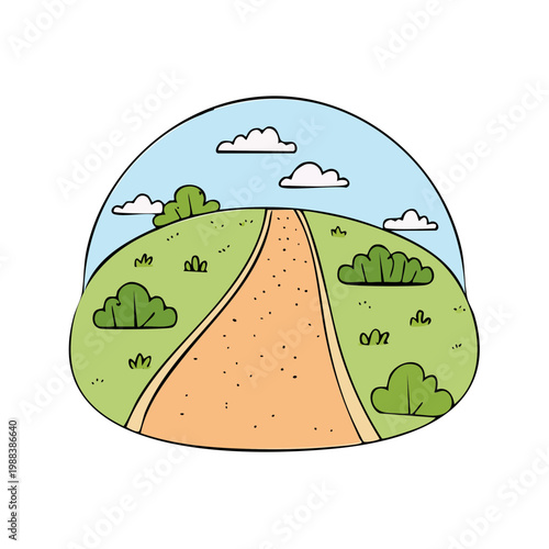 Path curving uphill through green grassy hills under a blue sky with clouds