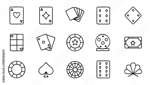 A series of fifteen linear gambling and casino icons is presented in a grid arrangement against a solid black background field.