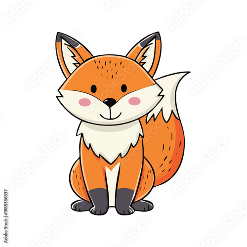 Cute cartoon fox with fluffy tail and pink cheeks smiling