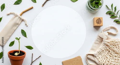 Eco friendly flat lay with plants and sustainable items circular composition