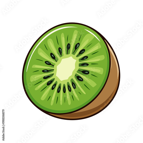 Vibrant cartoon illustration of a sliced kiwi fruit showing green flesh and black seeds