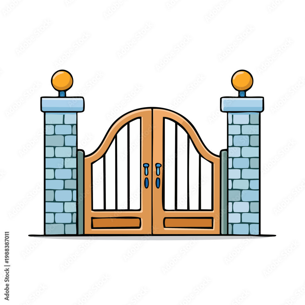 Fototapeta premium Ornate double entry gates with decorative stone pillars and ball finials on a clean white background
