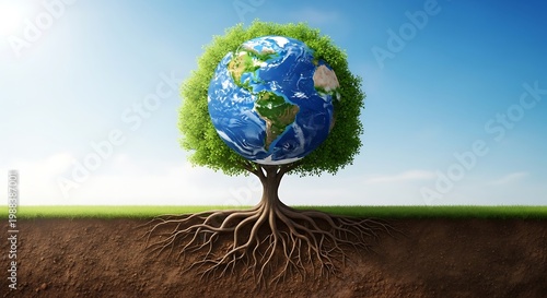 Tree With Earth Globe Isoleted White Background Nature Growth Sustainability Concept