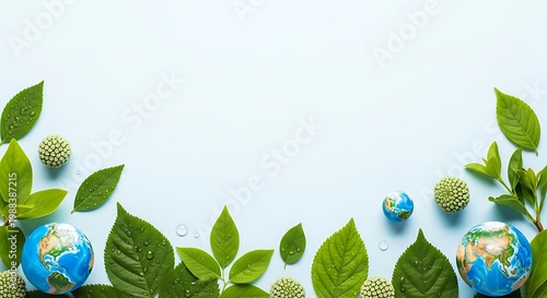 Green leaves border with small earth globes environmental background