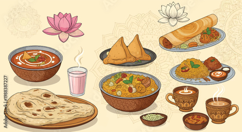 Indian food illustration set with traditional cuisine, curry bowls and samosas, masala chai tea and naan bread vector, authentic asian culinary elements