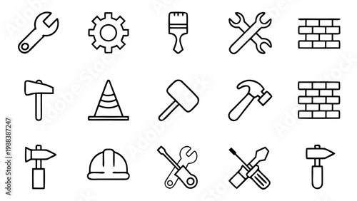 A collection of white linear icons showing repair and maintenance tools like a wrench and a screwdriver set against a stark black background.