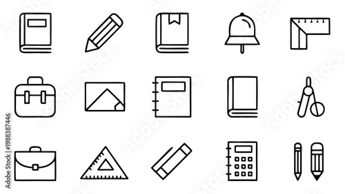 White linear icons of school and office stationery items including a spiral notebook and a pen set against a stark black background.