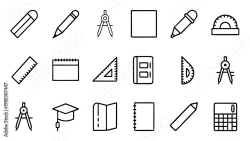Collection of white outline icons for school stationery items like a pencil and a ruler arranged on a solid black background for materials.