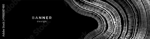 Luxury silver banner with wood annual rings texture. Background with shiny tree ring pattern. Stamp of tree trunk in section. Natural wooden concentric circles. Black and platinum background