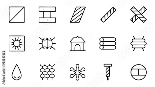 Sixteen thin stroke white outline icons representing fundamental steel industry symbols and structural metal beam cross sections on black.