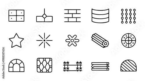 Twenty minimalist white vector line icons illustrating heavy industry steel products and mechanical parts organized in a structured grid.