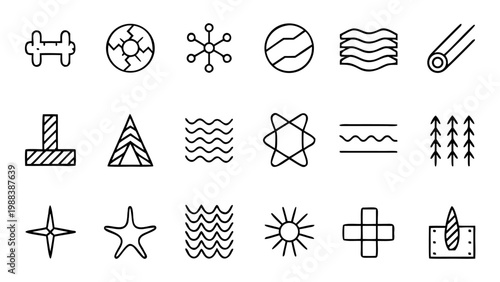 Eighteen thin white line icons depicting steel manufacturing and industrial metal components arranged in a neat grid on a dark background.