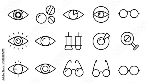 Fifteen thin white outline icons focusing on digital vision and biometric scanning technologies presented on a solid black background.