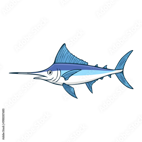 Blue Marlin Fish Illustration with Long Spear-like Bill Ocean Marine Life Sport Fishing