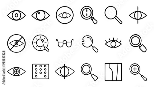 Twenty detailed white line icons illustrating advanced vision concepts and optical instruments displayed in a grid on a black background.
