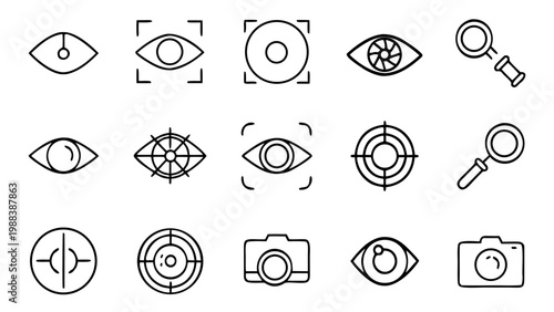 Eighteen grey outline icons showing eyes and magnifying glasses with zoom controls and a braille chart on a dark background in rows.