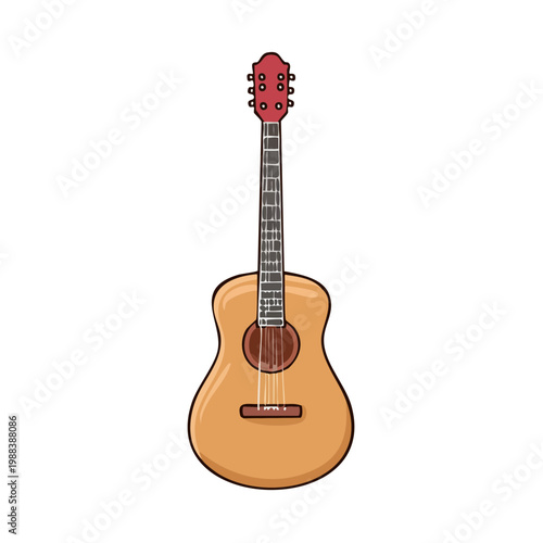 Acoustic guitar with red headstock and natural wood body isolated on white background
