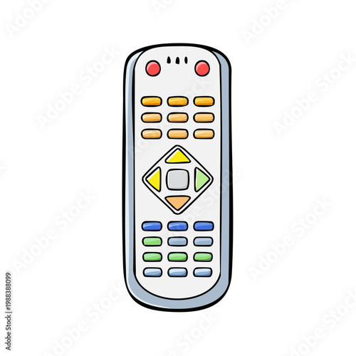 Modern television remote control with colorful buttons and directional pad