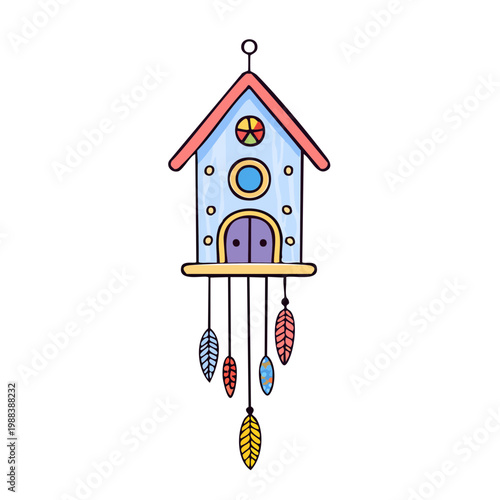 Whimsical Boho Birdhouse Decoration with Colorful Feathers and Dreamcatcher Elements