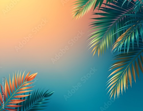 a tropical gradient background with warm orange and ocean blue tones, soft lighting and subtle shadow overlay, minimal layout with wide copy space