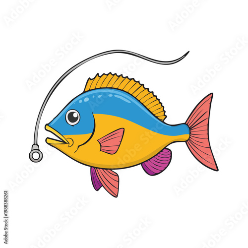 Colorful cartoon fish caught on fishing hook with line illustration