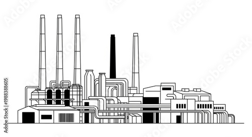 Industrial Factory Building with Tall Chimneys and Smoke Stacks.