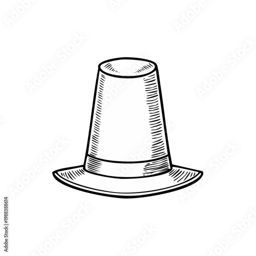 Hand drawn black and white sketch of a traditional pilgrim hat with a wide brim