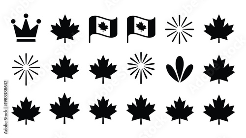 Minimalistic flat design icons featuring a crown flags stars and maple leaves in black and white against a clean background