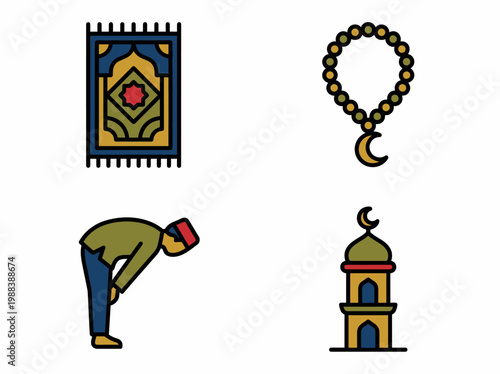 A collection of Islamic prayer items and symbols on a white background