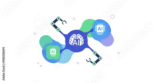 Artificial Intelligence Brain with Robotic Arms and AI Icons.